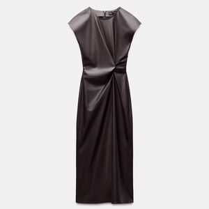 Zara Faux Leather Midi Dress L Brown